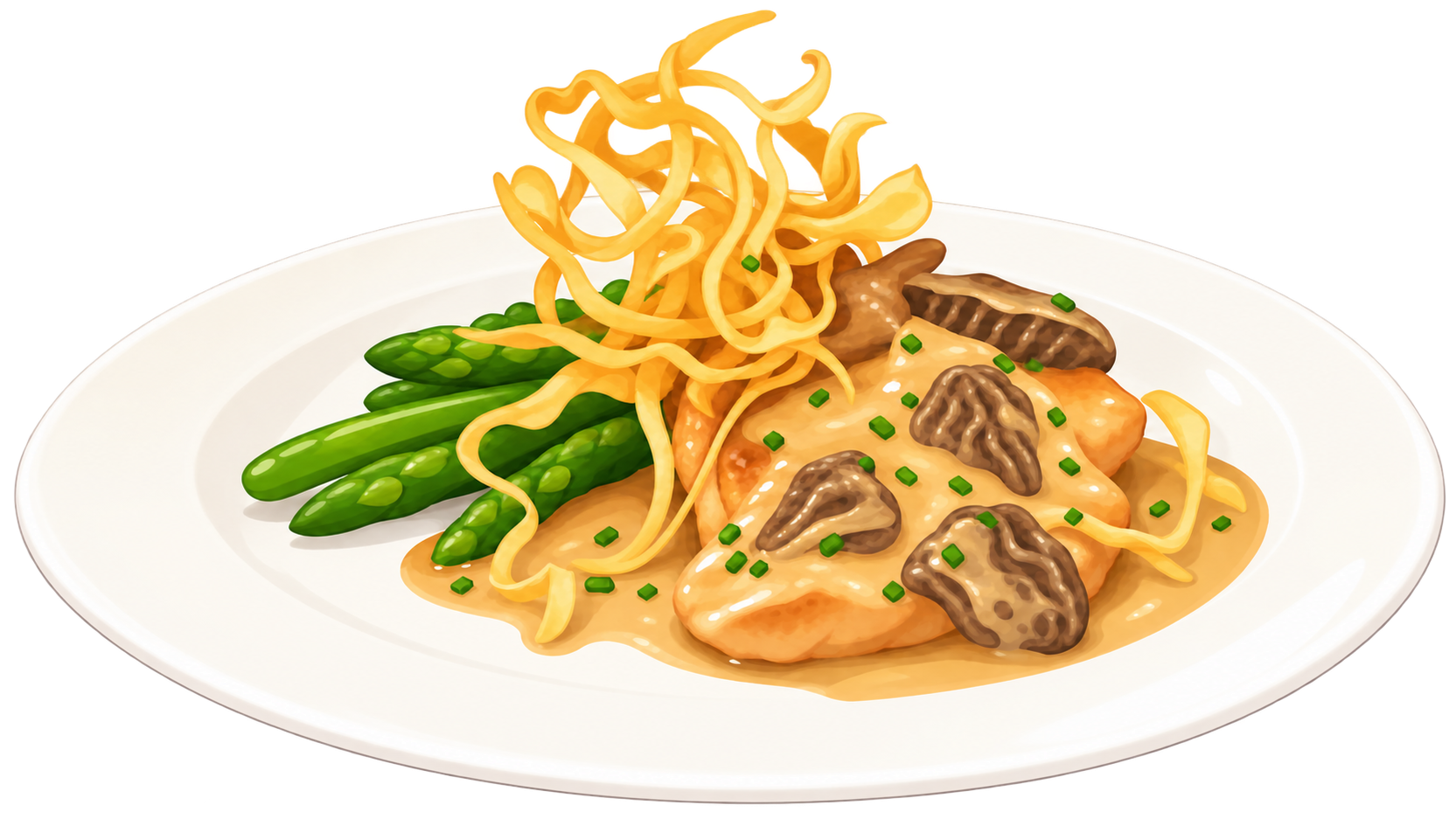 Illustrated chicken dish with morels and asparagus